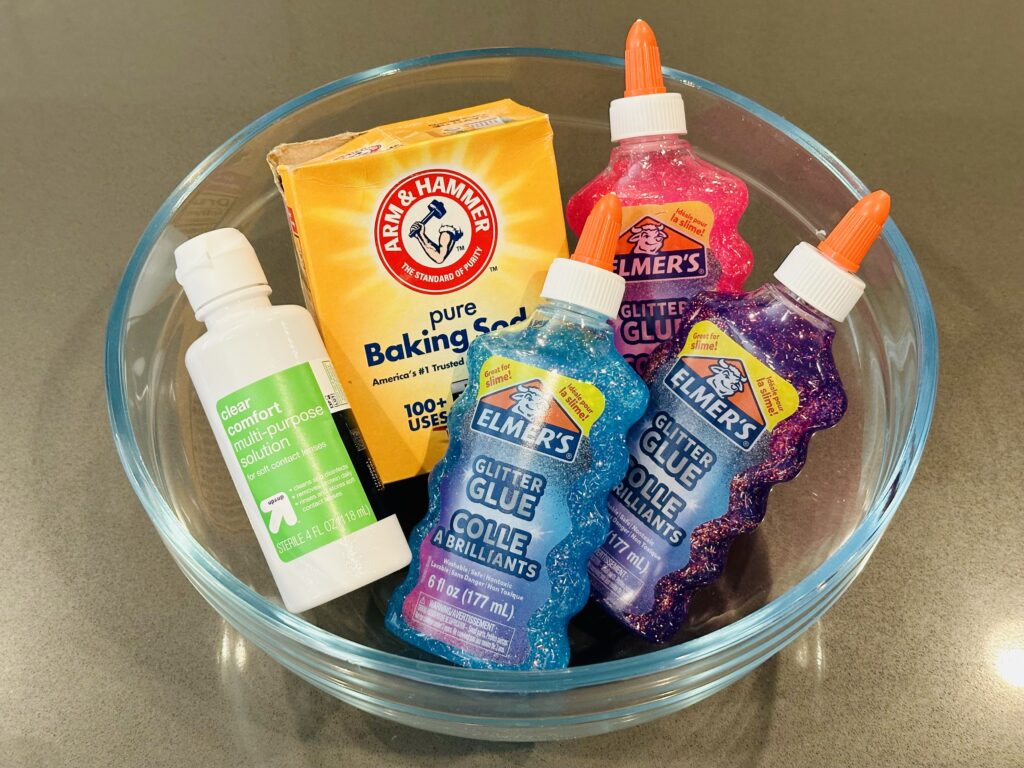 Ingredients for homemade glitter glue slime