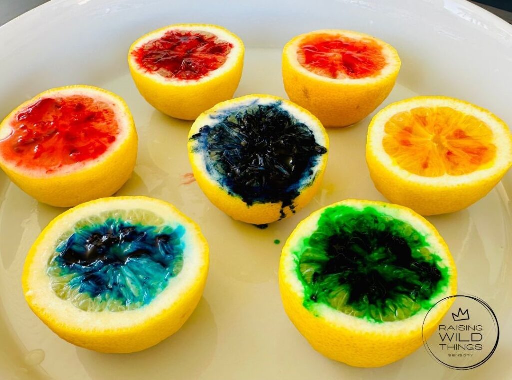 Food coloring added to the lemon volcano.