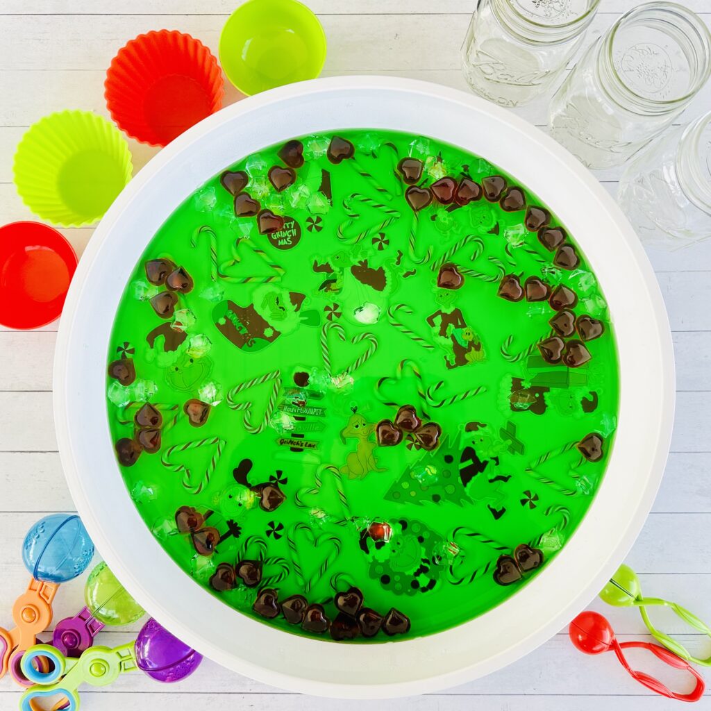 The BEST Jello Christmas Grinch Sensory Bin