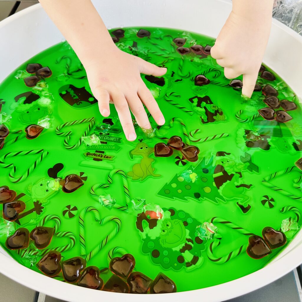 The BEST Jello Christmas Grinch Sensory Bin