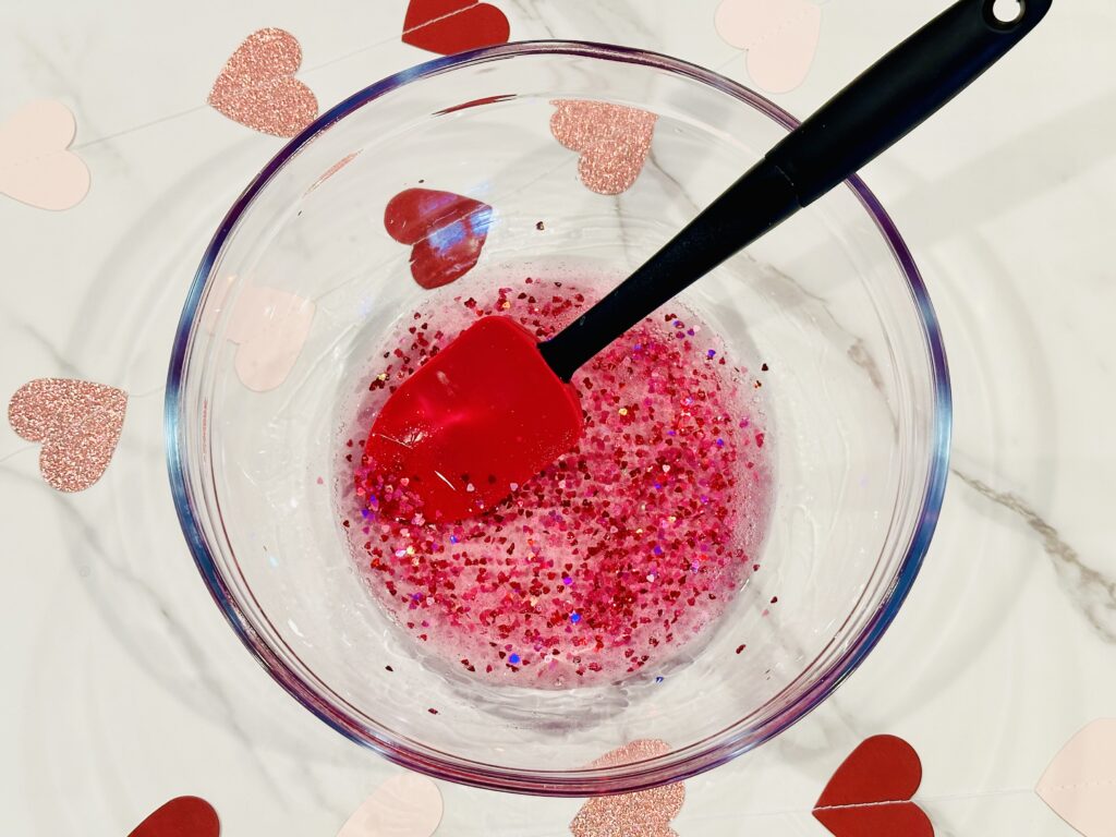 Adding Food Coloring, Hearts, and Glitter to the Glitter & Hearts Valentine's Day Slime