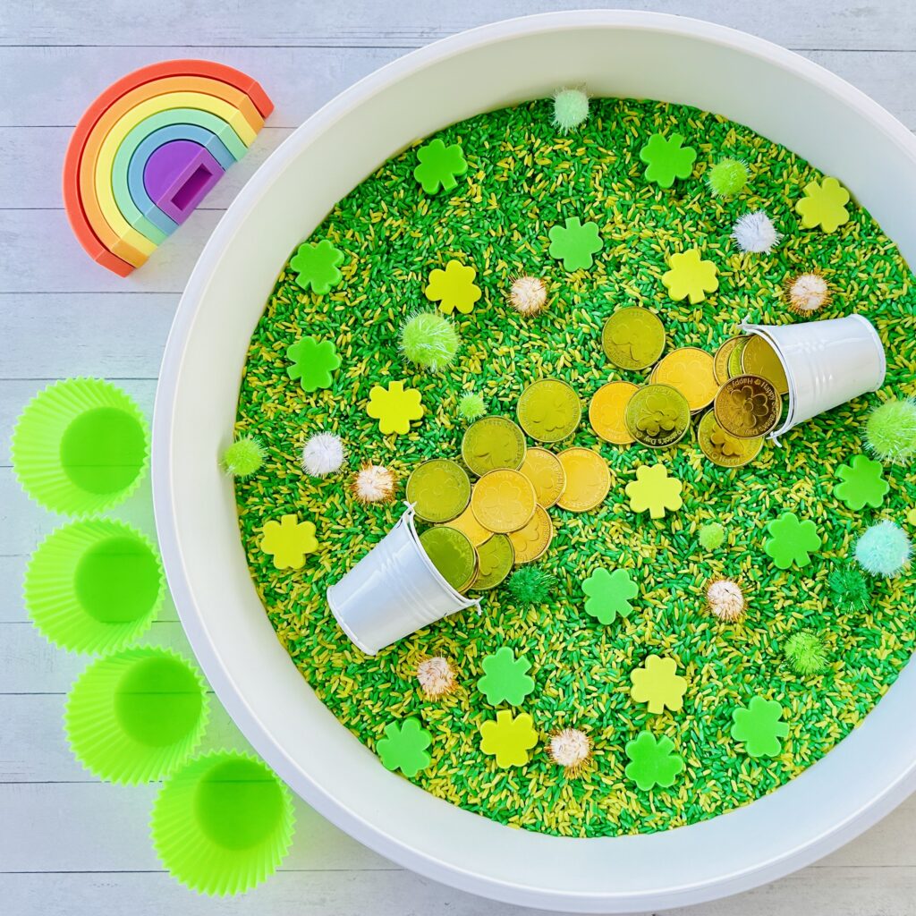 How To Make St. Patrick’s Day Colored Rice Sensory Bin