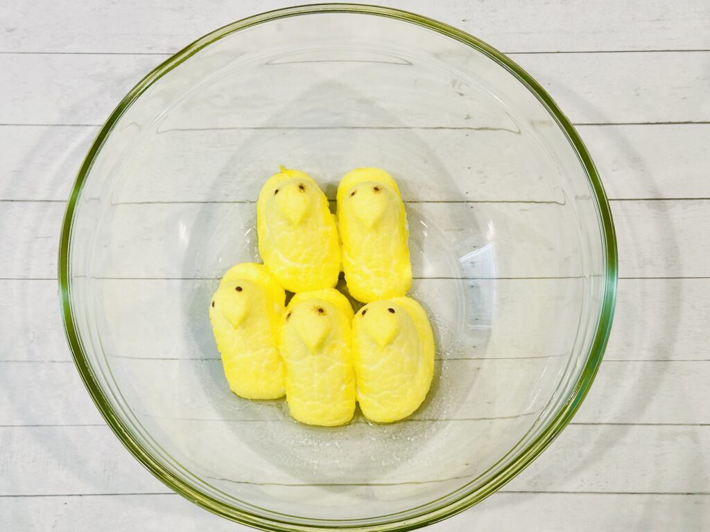 Easter Peeps in a mixing bowl after microwaving