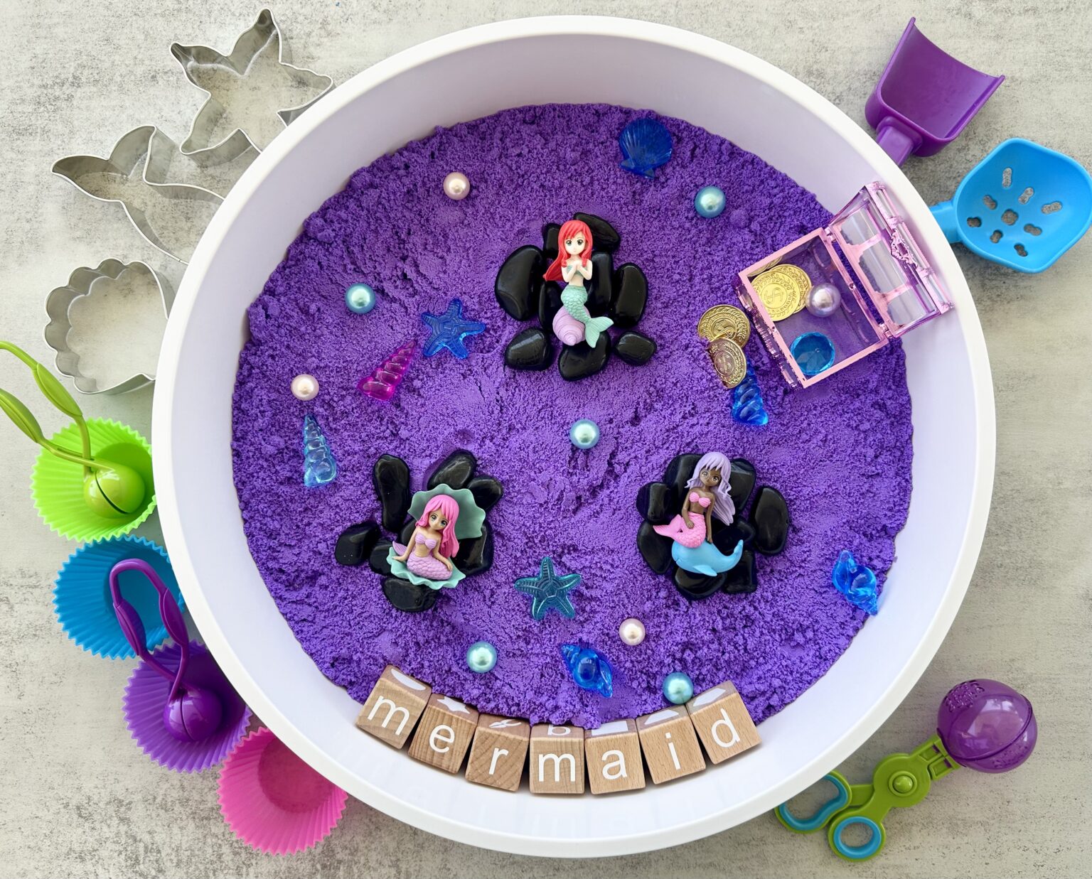 How To Make A Colorful Kinetic Sand Mermaid Sensory Bin - Raising Wild ...