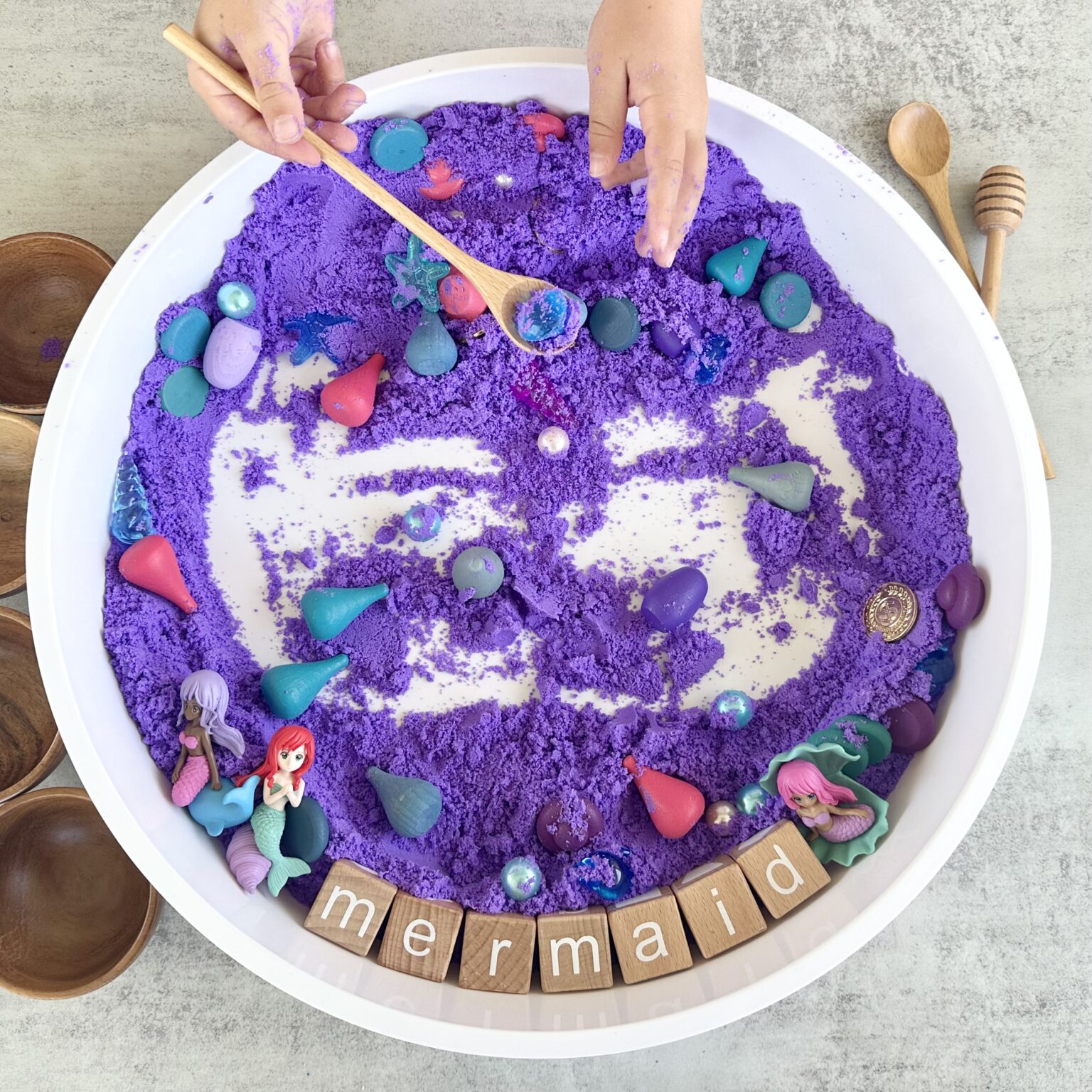 How To Make A Colorful Kinetic Sand Mermaid Sensory Bin - Raising Wild ...