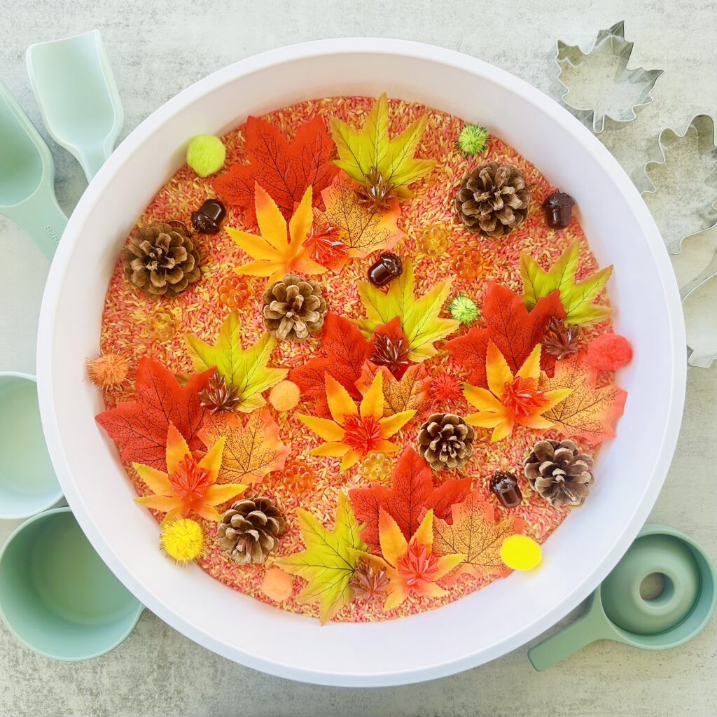 Fall-Themed Sensory Bin using DIY Colored Rice