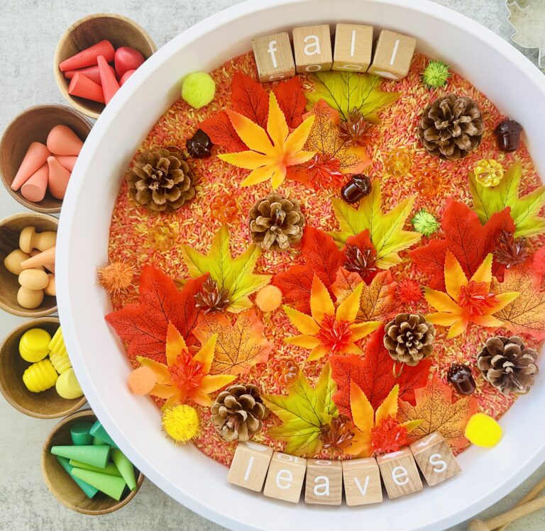 Fall-Themed Sensory Bin using DIY Colored Rice