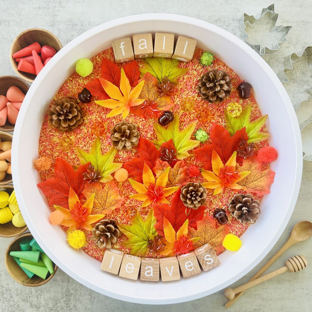 Fall-Themed Sensory Bin using DIY Colored Rice