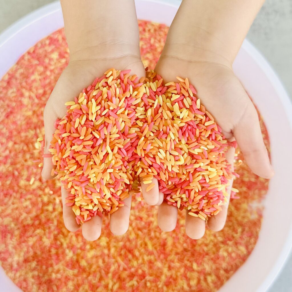 Fall-Themed Sensory Bin using DIY Colored Rice