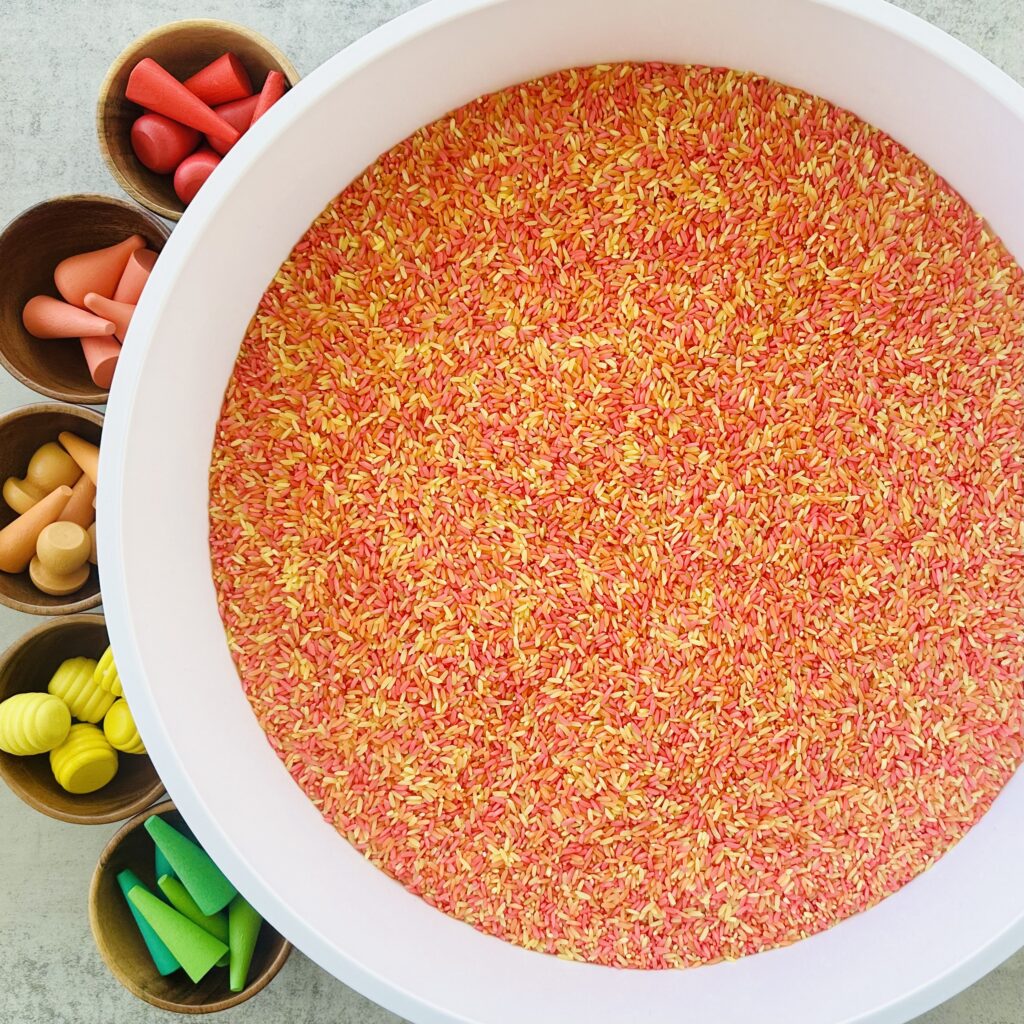 Fall-Themed Sensory Bin using DIY Colored Rice