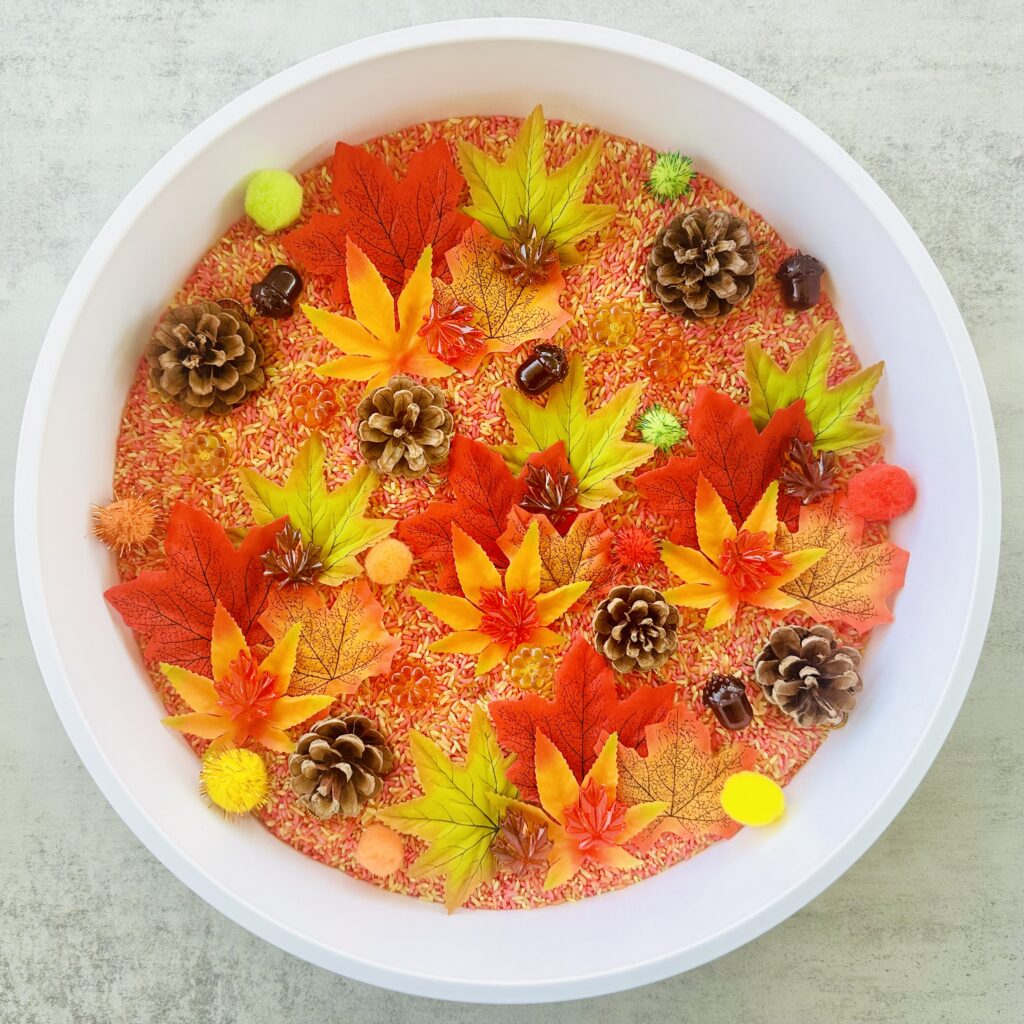 Fall-Themed Sensory Bin using DIY Colored Rice