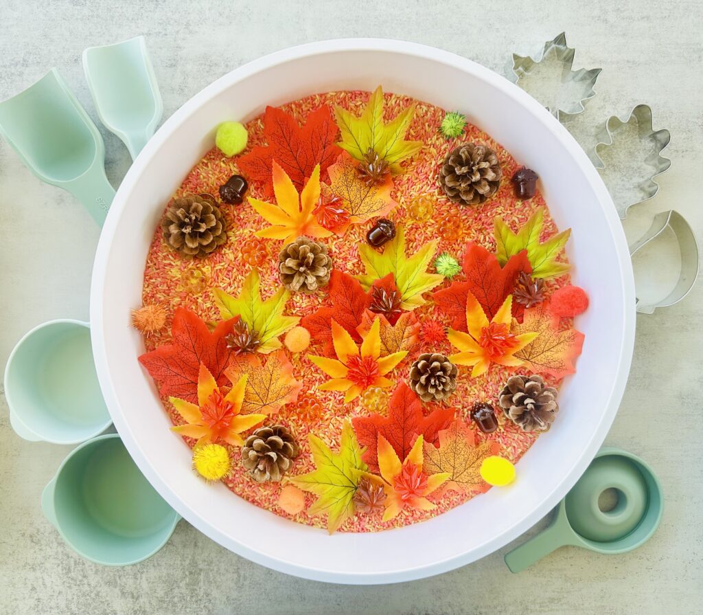 Fall-Themed Sensory Bin using DIY Colored Rice