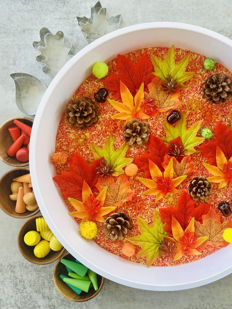 Fall-Themed Sensory Bin using DIY Colored Rice