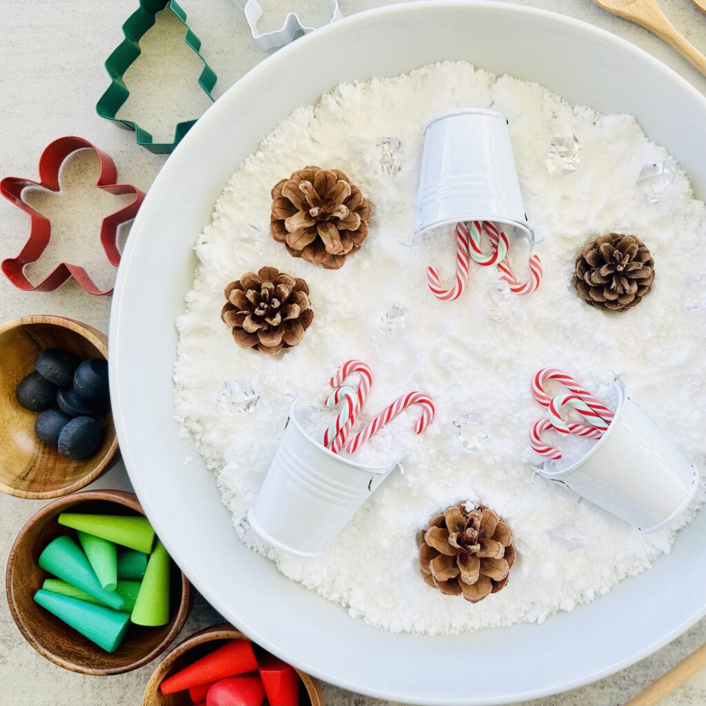 Snow Sensory Bin Using The Best DIY Fake Snow Recipe - Exciting Christmas Sensory Activities For Kids