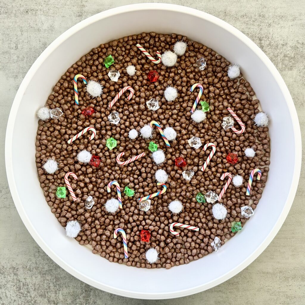 Hot Cocoa Sensory Bin Using DIY Painted Chickpeas