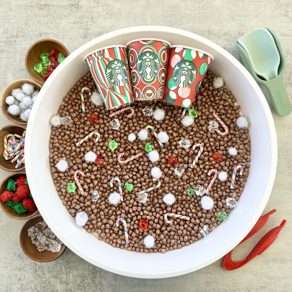 Hot Cocoa Sensory Bin Using DIY Painted Chickpeas