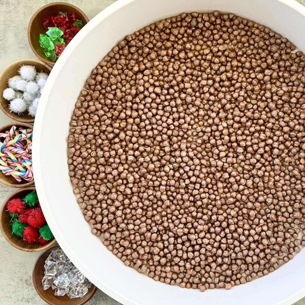 Hot Cocoa Sensory Bin Using DIY Painted Chickpeas