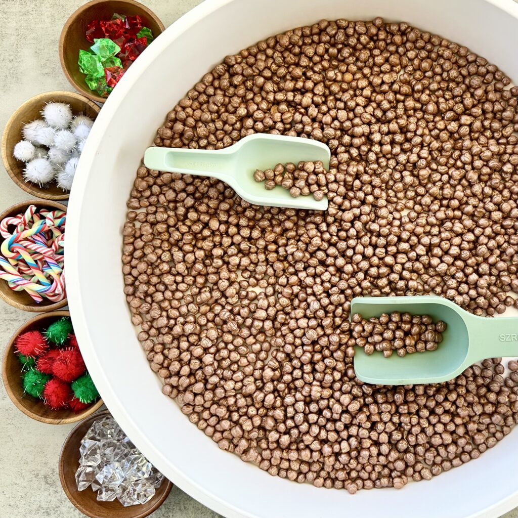 Hot Cocoa Sensory Bin Using DIY Painted Chickpeas