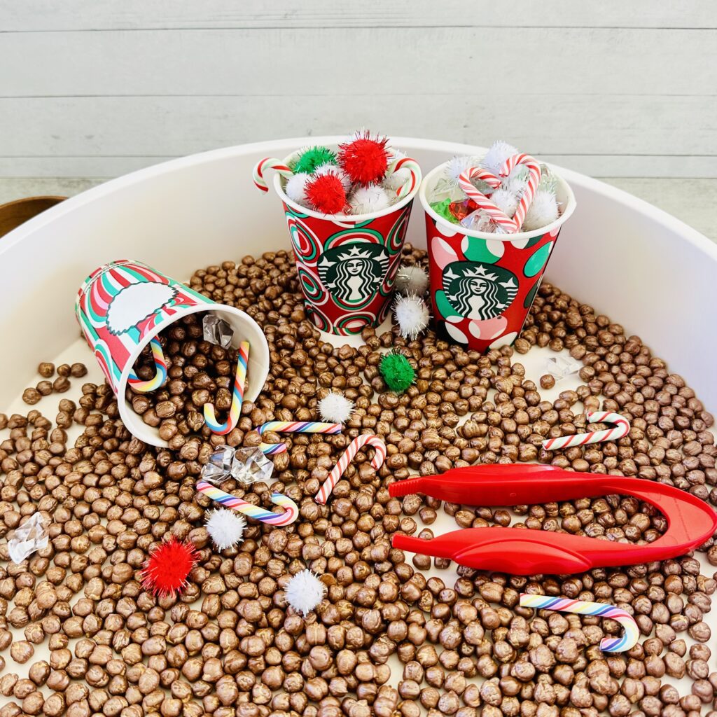 Hot Cocoa Sensory Bin Using DIY Painted Chickpeas