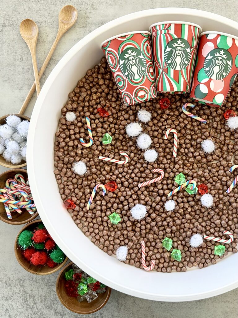 Hot Cocoa Sensory Bin Using DIY Painted Chickpeas