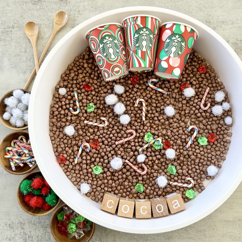 Hot Cocoa Sensory Bin Using DIY Painted Chickpeas