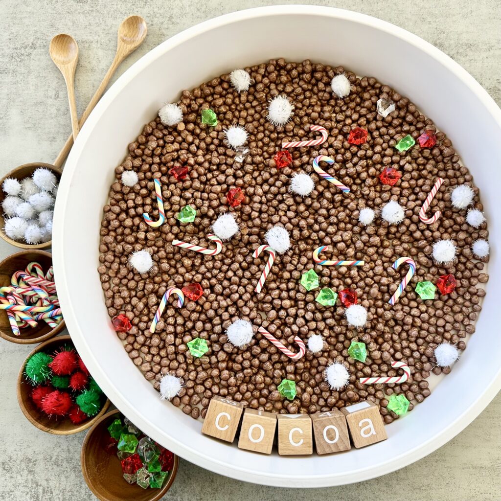 Hot Cocoa Sensory Bin Using DIY Painted Chickpeas